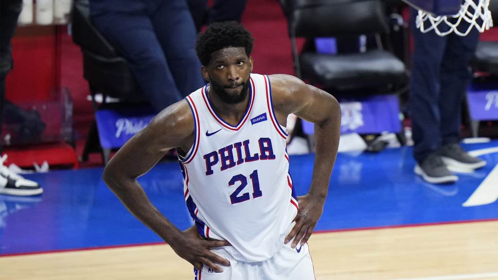 Hawks 76ers Basketball Joel Embiid reacts in the final minute of Game 7