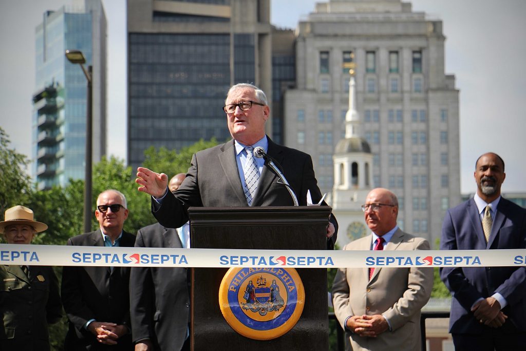 mayor_jim_kenney_5th_street_station_EL_060121 Philadelphia Mayor Jim Kenney speaks from behind a podium