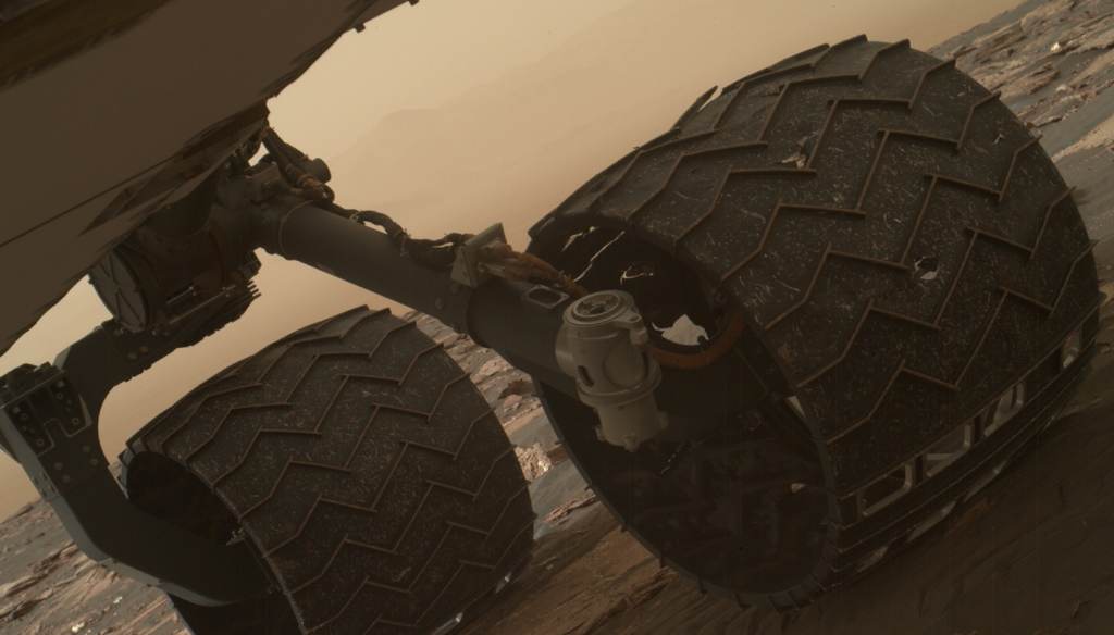 Two of the raised treads on the left middle wheel of NASA's Curiosity Mars rover broke early in 2017. Photo courtesy of NASA/JPL-Caltech/MSSS