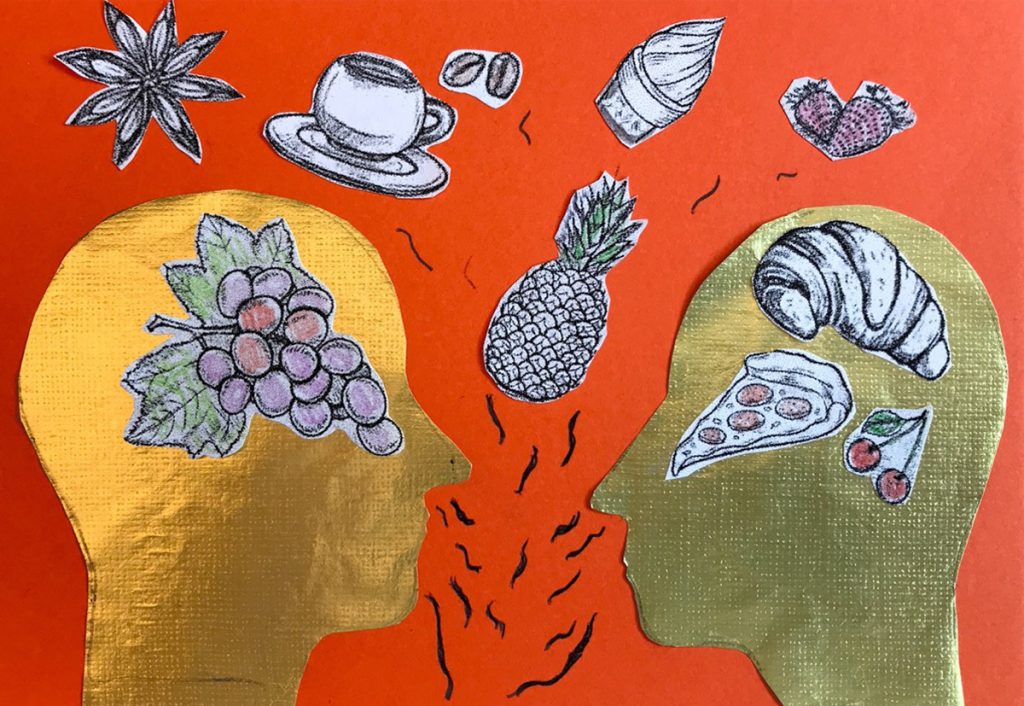 senseofsmell_1200-web Illustration of two heads smelling foods and objects floatting around their heads