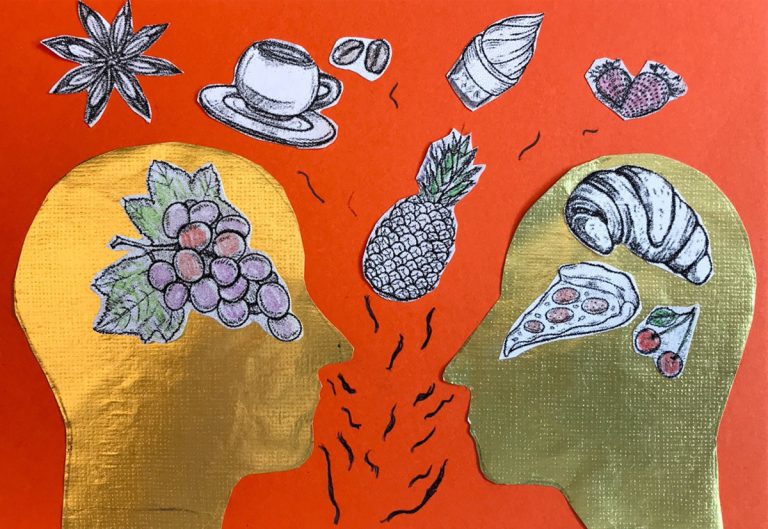 Illustration of two heads smelling foods and objects floatting around their heads