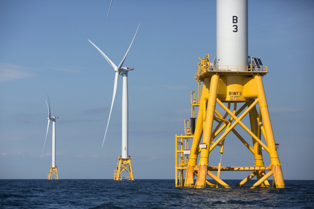 Offshore Wind Three of Deepwater Wind's five turbines stand in the water off Block Island