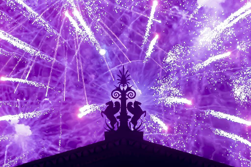 JULY 4TH FIREWORKS AT PHILADELPHIA MUSEUM OF ART Fireworks explode in the background behind a gargoyle atop of the central portico of the Philadelphia Museum of Art on July 4, 2021.