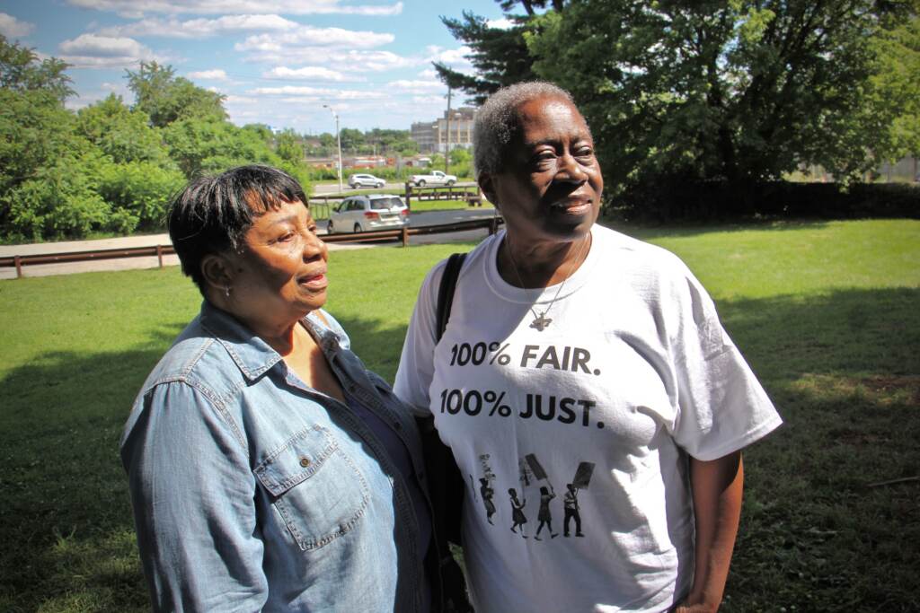 2021 06 23-e lee-paula paul frances upshaw-philadelphia nicetown midvale bus depot-natural gas plant Paula Paul (left) and Frances Upshaw stand in Fernhill Park