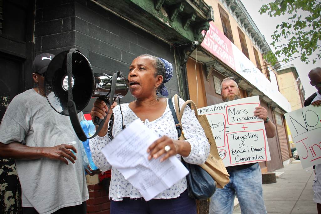 2021 07 08-e lee-patricia vickers-philadelphia lancaster avenue-crime bill protest Patricia Vickers, whose son was sentenced to life in prison when he was 17, speaks out against mandatory minimum sentences, such as those proposed by state Rep. Amen Brown. (Emma Lee/WHYY)