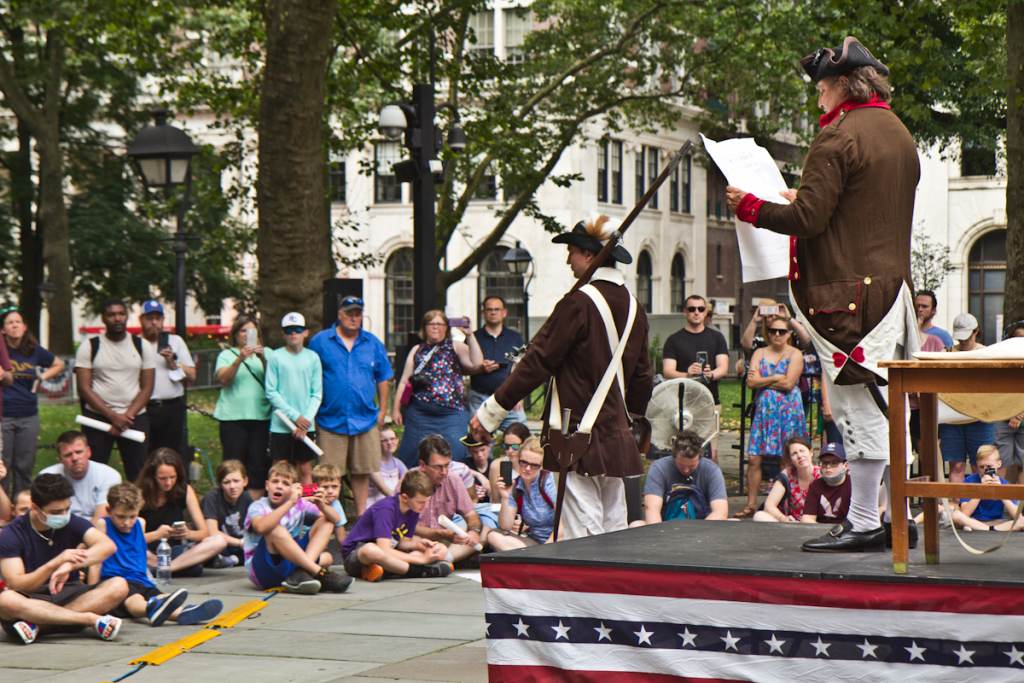 2021 07 08 k paynter annual declaration reading Actors perform a reading of the Declaration of Independence at Independence Hall as spectators watch