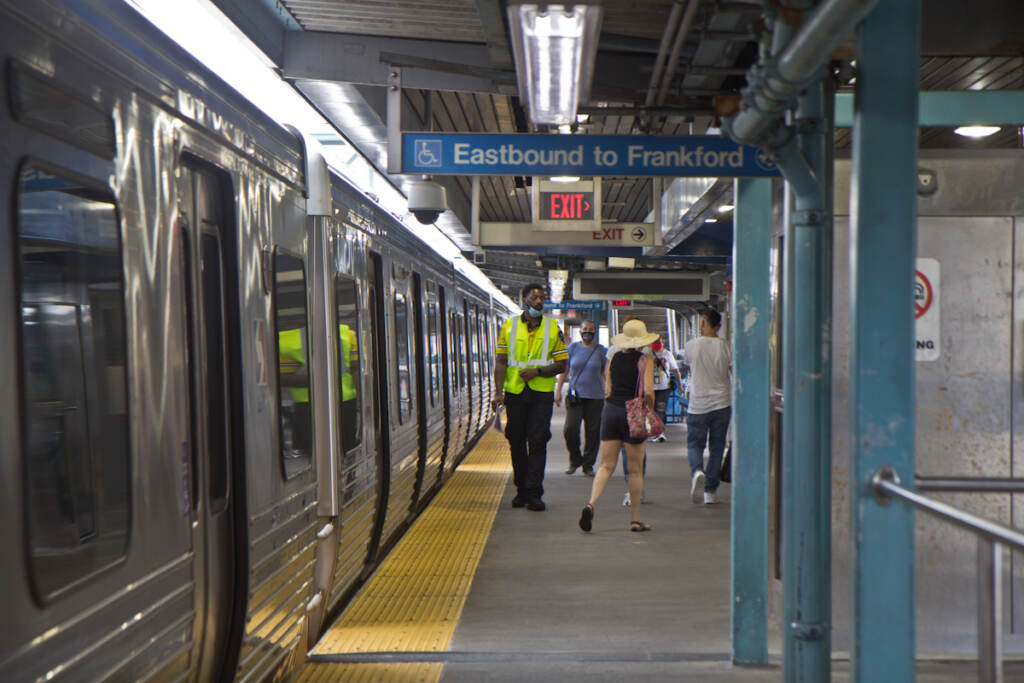 2021 07 15 k paynter septa safety-5 A transit security officer works on the platform of the Girard stop