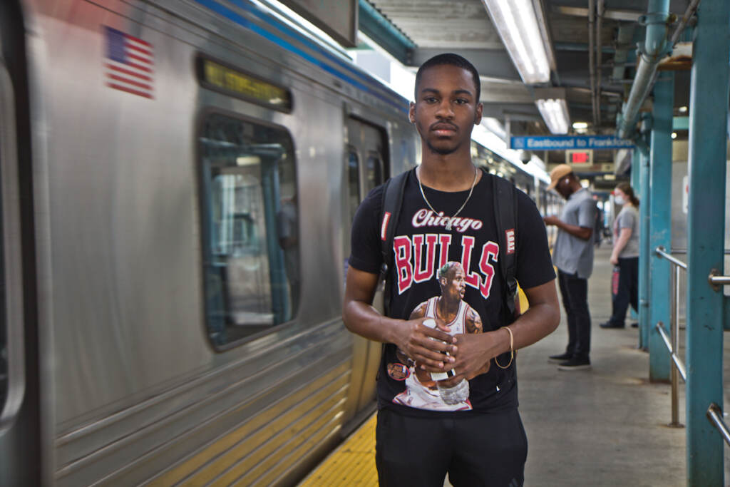 2021 07 20 k paynter travel safety to school-7 Elijah Brown stands next to a Market-Frankford line train inside Girard Station