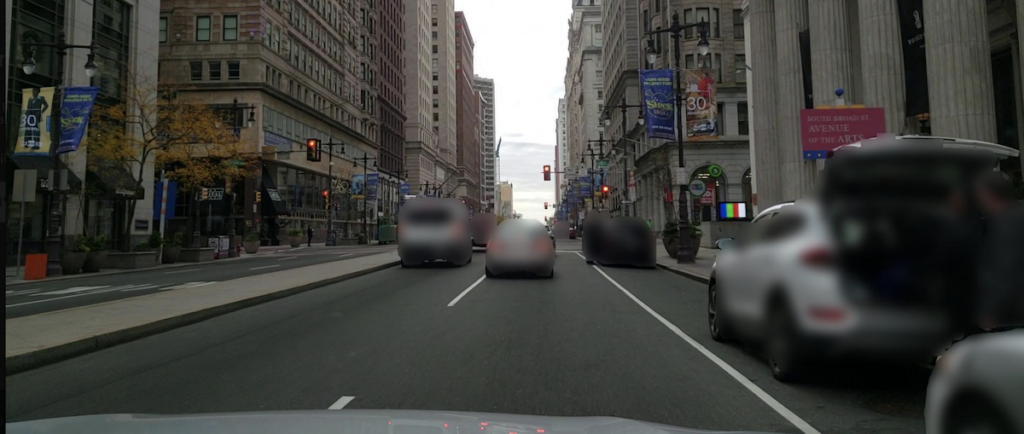 A photograph of South Broad Street taken by an automobile-mounted camera driving north toward City Hall. (The Chamber of Commerce Foundation) Photograph of South Broad Street taken by an automobile-mounted camera driving north toward City Hall. (The Chamber of Commerce Foundation)