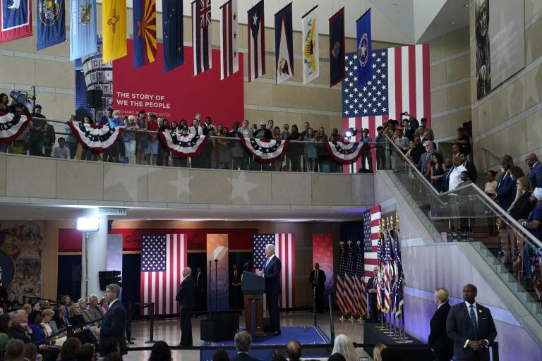 President Joe Biden delivers a speech on voting rights at the National Constitution Center, Tuesday, July 13, 2021, in Philadelphia. (AP Photo/Evan Vucci)