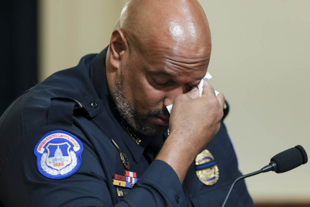 APTOPIX Capitol Breach Investigation U.S. Capitol Police officer Harry Dunn becomes emotional as he testifies before the House Select Committee investigating the January 6 attack on the U.S. Capitol on July 27, 2021 at the Canon House Office Building in Washington, DC.
(Photo by Oliver Contreras for The New York Times)
