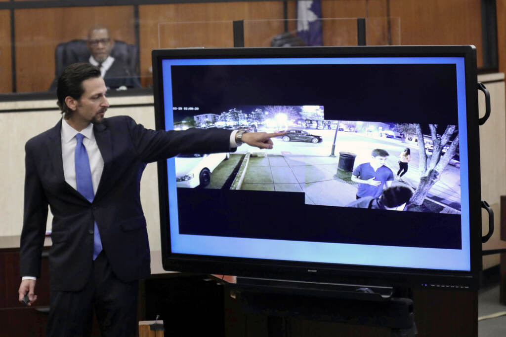 Student-Killed Prosecutor Dan Goldberg points to defendant Nathaniel Rowland's car circling the block as Samantha Josephson waits for an Uber while delivering closing arguments during Rowland's trial, Tuesday, July 27, 2021, in Richland County Circuit Court in Columbia, S.C. Rowland was convicted Tuesday for the 2019 abduction and murder of the 21-year-old college student, who mistook his car for her Uber ride. (Tracy Glantz/The State via AP, Pool)