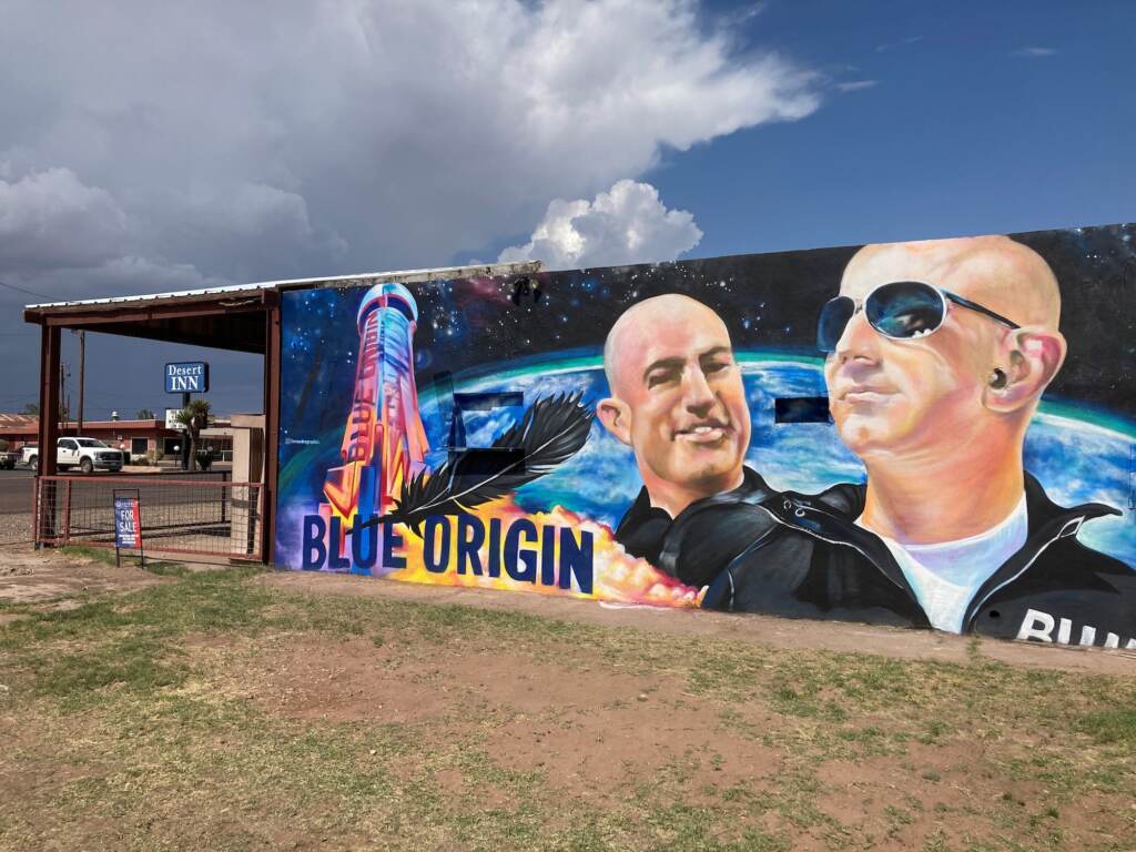 Blue Origin-Texas Town The side of a building in Van Horn, Texas, is adorned with a mural of Blue Origin founder Jeff Bezos
