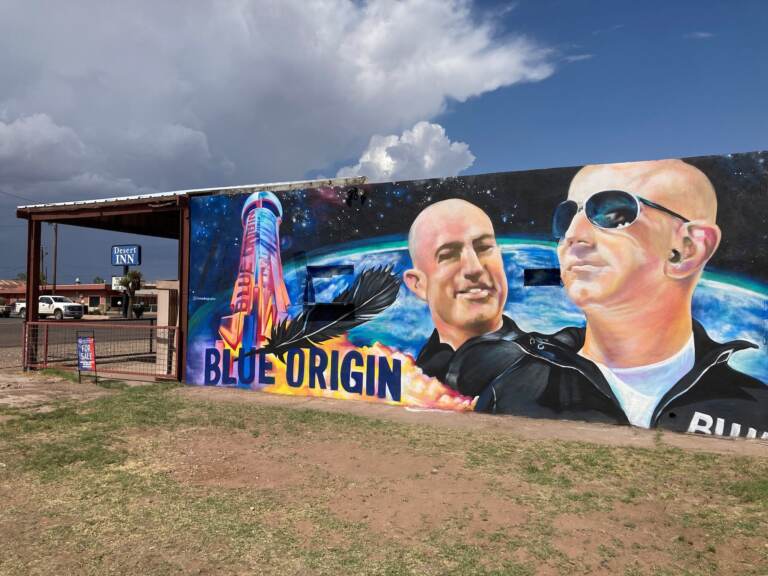 The side of a building in Van Horn, Texas, is adorned with a mural of Blue Origin founder Jeff Bezos