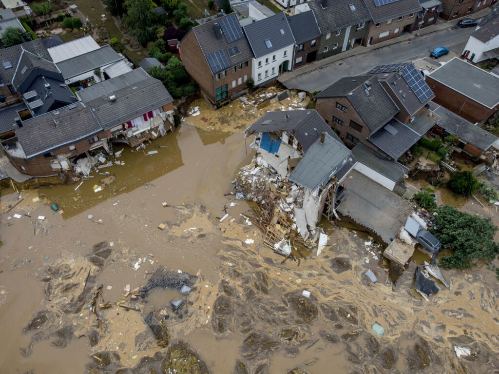 Germany Europe Weather An overhead view of destroyed houses in Erftstadt-Blessem