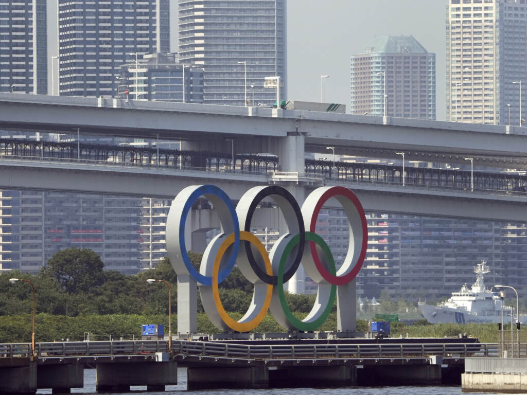 Tokyo Olympics The Olympic rings float on a barge ahead of the 2020 Summer Olympics