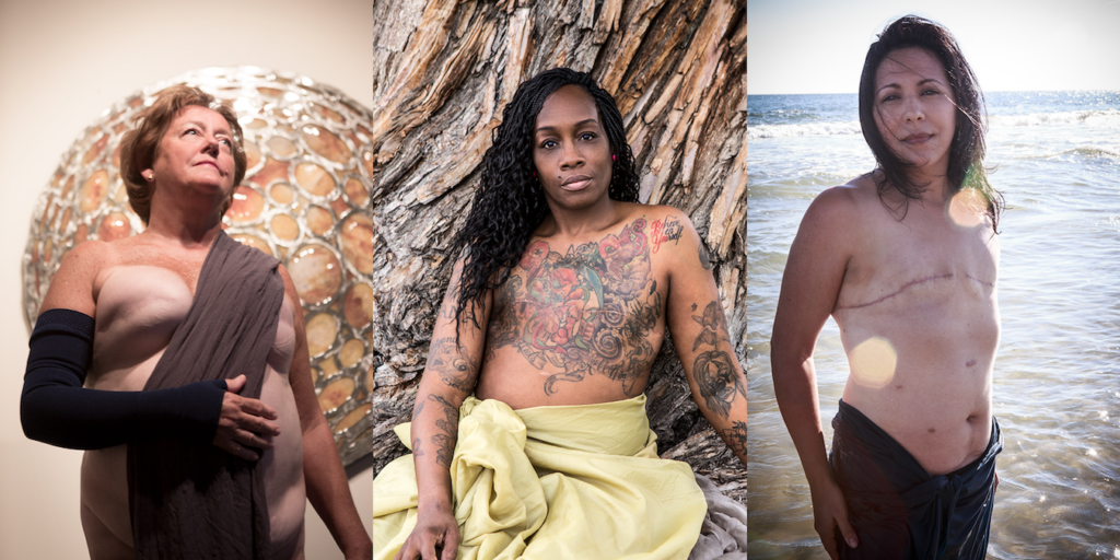 GraceProjectTrio Three breast cancer patients are pictured individually, wrapped in fabric as gods and goddesses