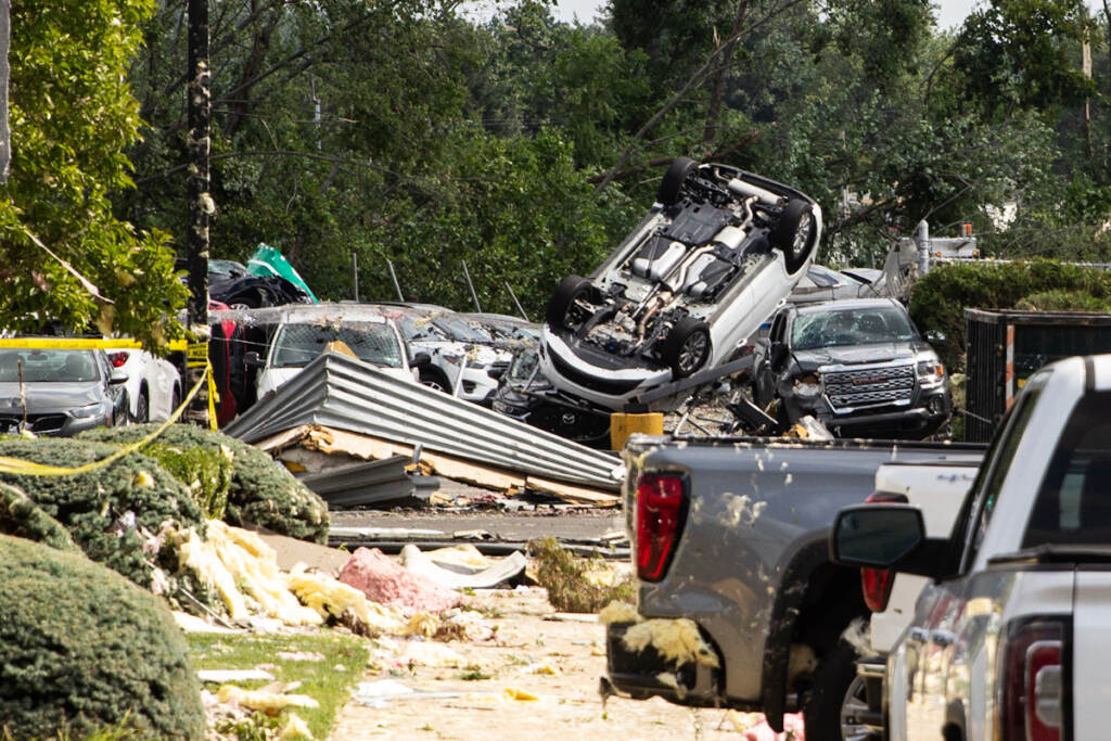 The GMC Dealership in Bensalem, Pa., suffered major damage due to a tornado that touched down on the evening of Thursday, July 29, 2021. (Kimberly Paynter/WHYY)