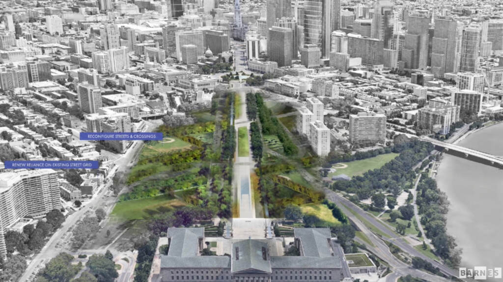 Screen-Shot-2021-07-14-at-7.08.53-PM An artist's rendering shows the Benjamin Franklin Parkway as reimagined by the Philadelphia firm DIGSAU and DLANDstudio of New York. (DIGSAU and DLANDstudio)