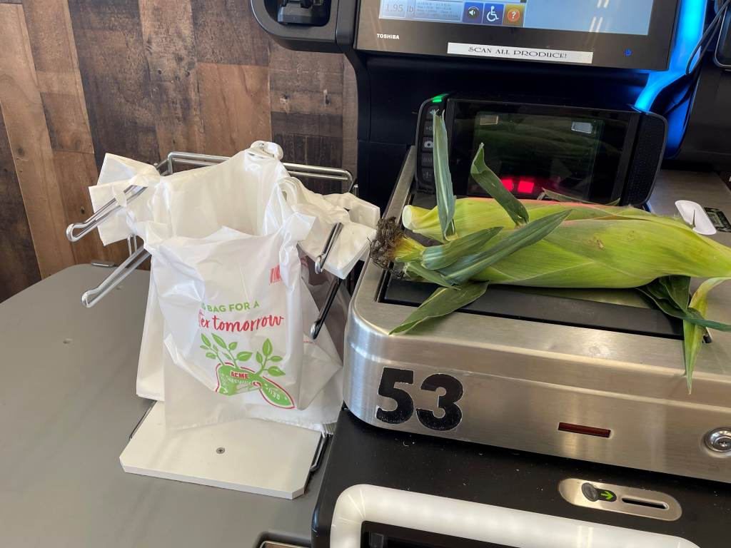 acme The Acme in Pike Creek is one of the Delaware stores providing thick plastic bags at no charge. (Cris Barrish/WHYY)