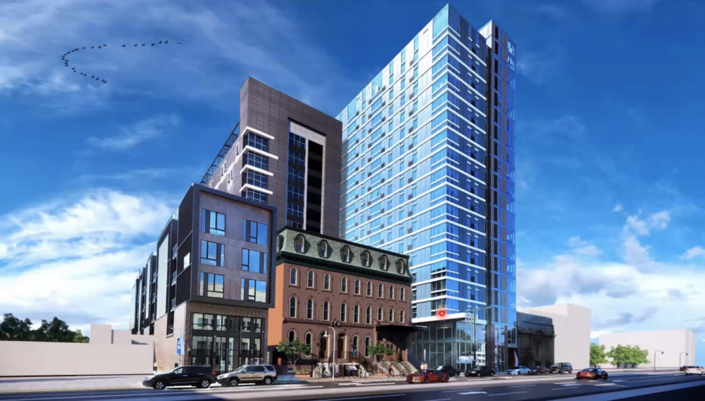An artist's rendering shows the 13-story apartment tower Orens Brothers Real Estate plans to build