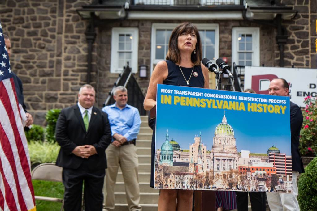 bucks_county_redistricting_PA_KP_071221_02 Rep. Wendi Thomas speaks from a podium during a press conference
