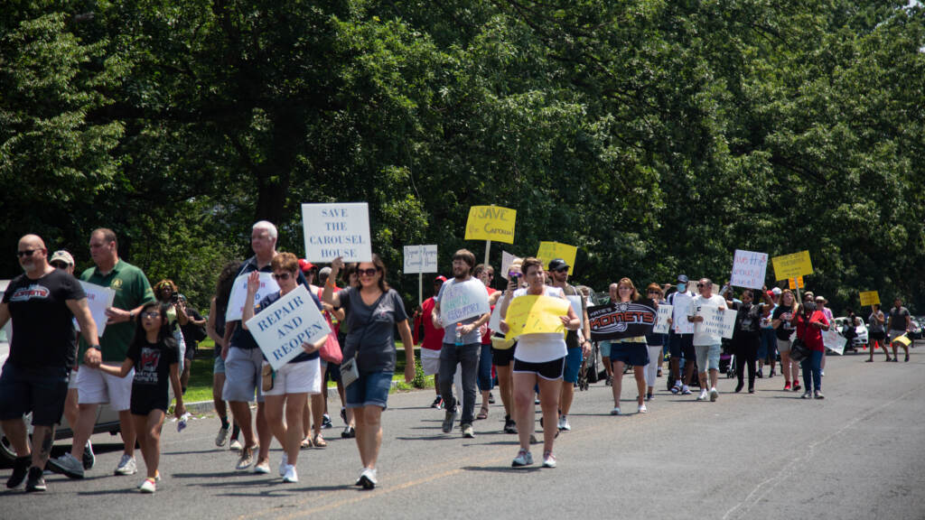 carouselhouse-protest09-crop The members of the Carousel House protest made their way onto Belmont Ave to stop traffic and make their point heard, “Repair and Reopen for the disabled community”. (Emily Cohen for WHYY)