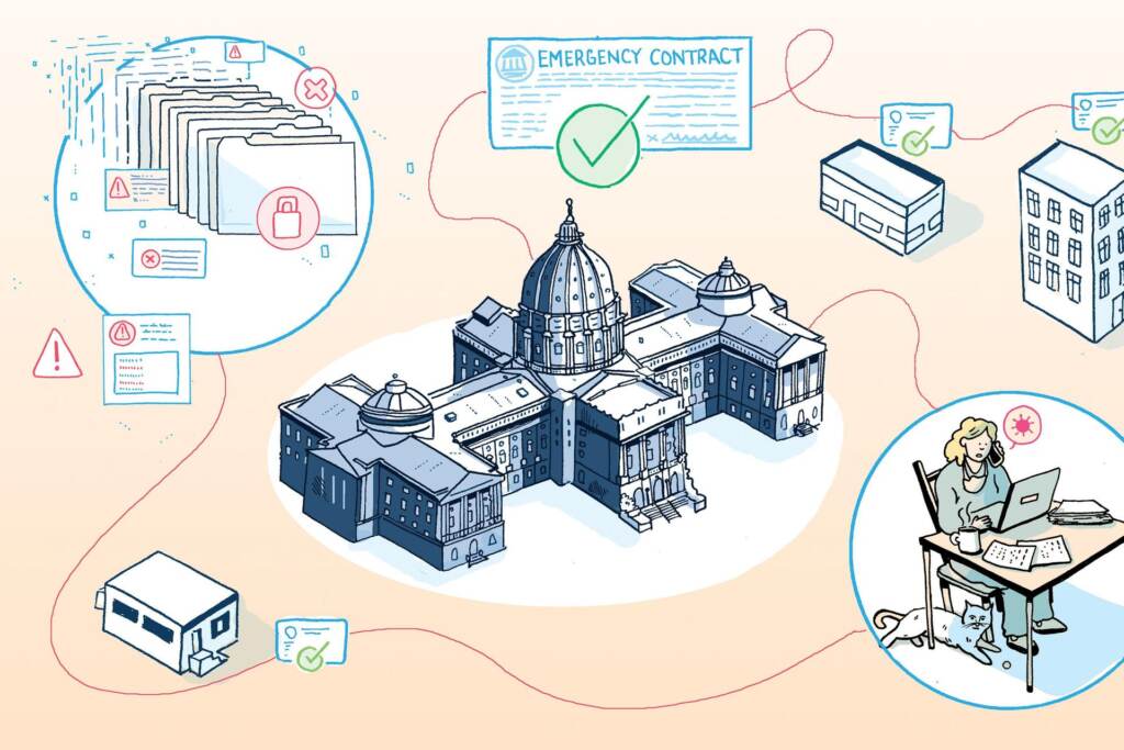 emergency_contracts_SPA_071921 An illustration features the Pennsylvania Capitol Building and a web of emergency contracts.