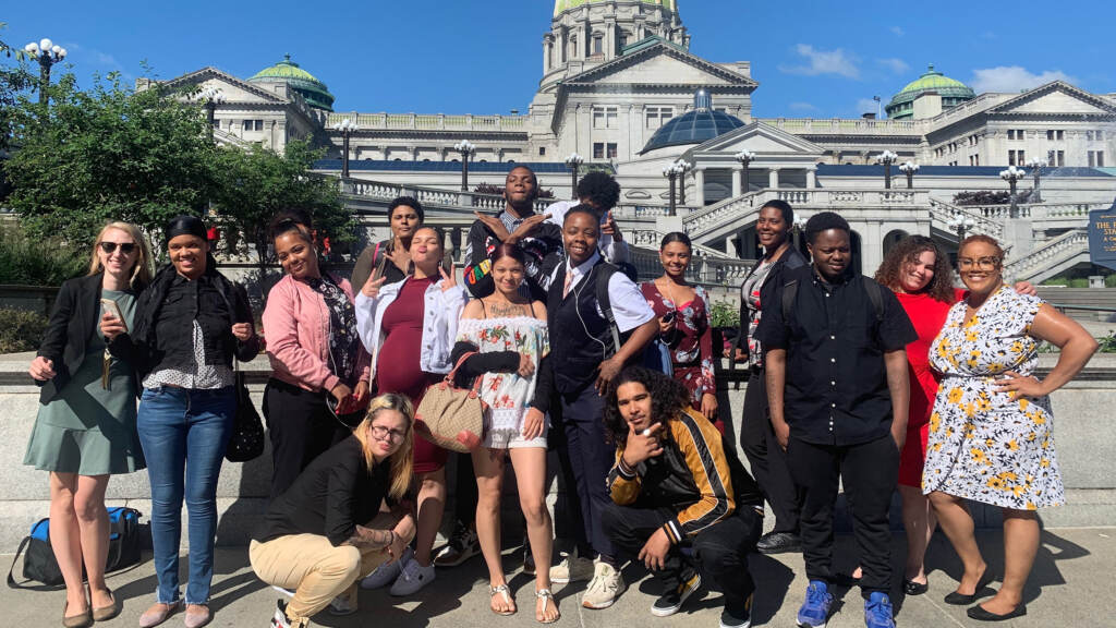Participants of the youth advocacy programs at Philadelphia's Juvenile Law Center pose at the Pa. State Capitol with program managers Cathy Moffa (L) and Marcía Hopkins (R) COURTESY JUVENILE LAW CENTER