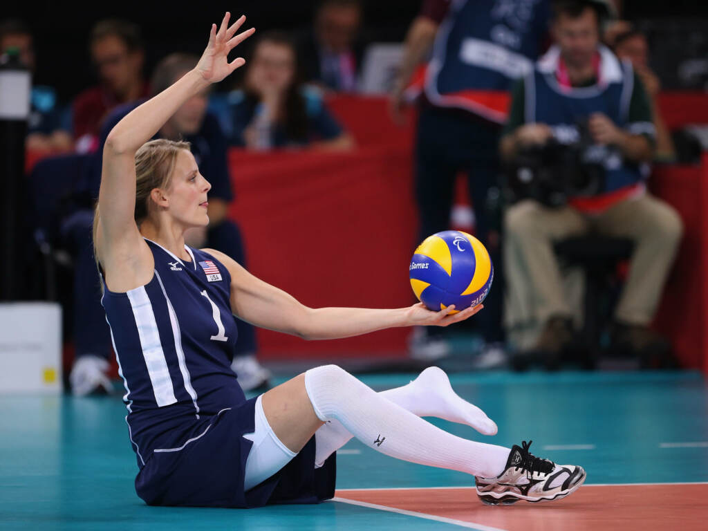 Lora Webster plays a shot during the Women's Sitting Volleyball final
