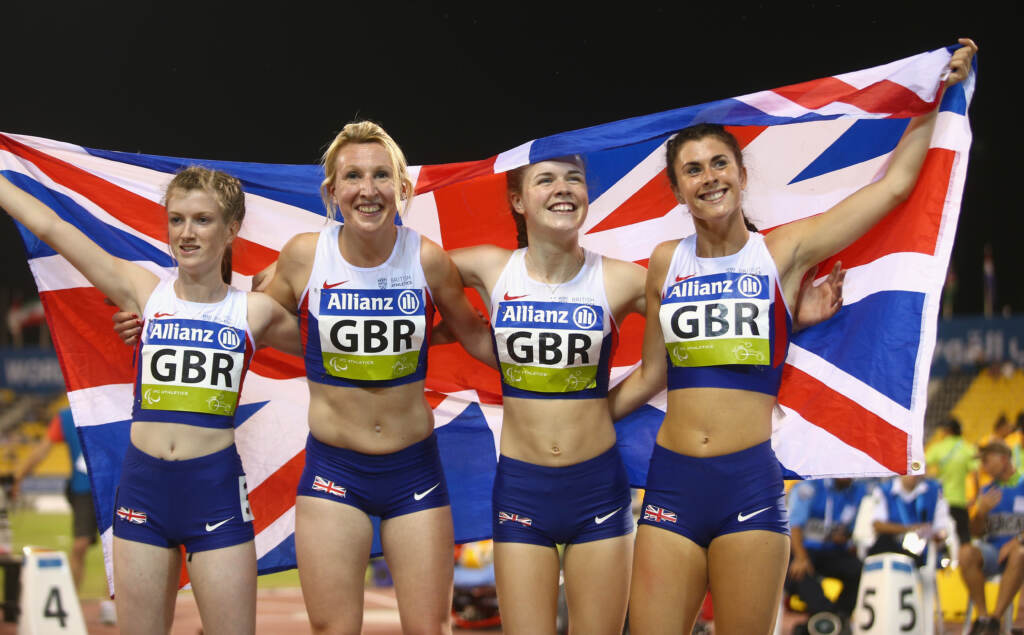 Olivia Breen (right), a Welsh Paralympian seen here in 2015, recently recounted a competition official remarking that her briefs were “too short and inappropriate.” Here, she, along with Sophie Hahn (from left), Georgina Hermitage and Maria Lyle of Great Britain, celebrate winning gold in the women’s 4x100m T35-38 relay final of the IPC Athletics World Championships in Doha, Qatar, in 2015. Olivia Breen (right), a Welsh Paralympian seen here in 2015, recently recounted a competition official remarking that her briefs were