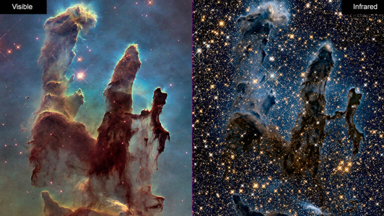 Images of the Eagle Nebula show the Hubble Space Telescope's ability to capture pictures in both visible (left) and infrared (right) light. NASA is celebrating the successful restart of the telescope's payload computer, opening the door to more observations. (NASA)