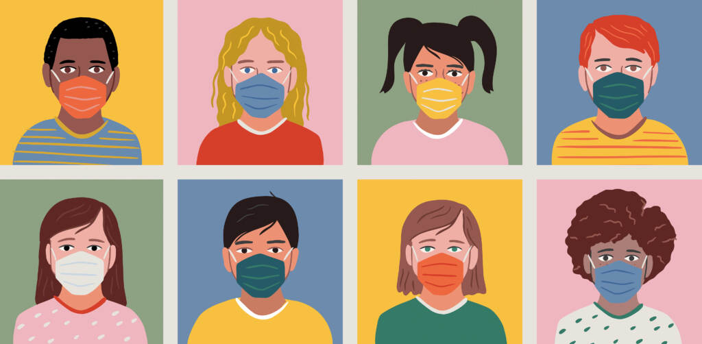 Diverse set of child portrait avatars wearing masks. (Getty Images)