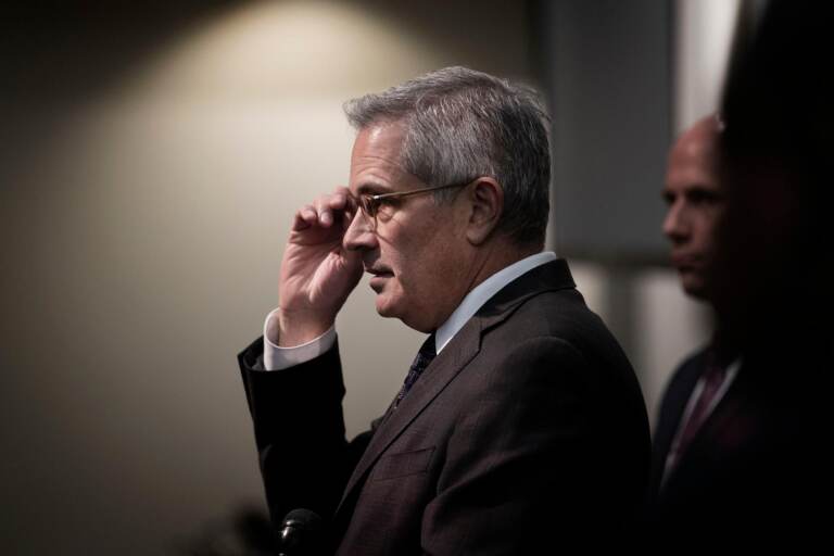 A side profile shot of Philadelphia District Attorney Larry Krasner.