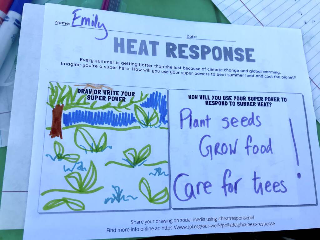 A Seedlings coloring book prompt asks the reader to imagine using their super power to beat summer heat and cool the planet.