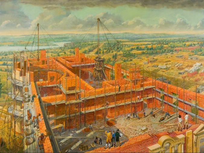 The WHHA commissioned this 2007 painting, “A Vision Takes Form” by Peter Waddell, to illustrate 18th-century construction of the White House as it may have appeared in 1796. The association is looking to find more information about the enslaved laborers who built the mansion. The WHHA commissioned this 2007 painting,