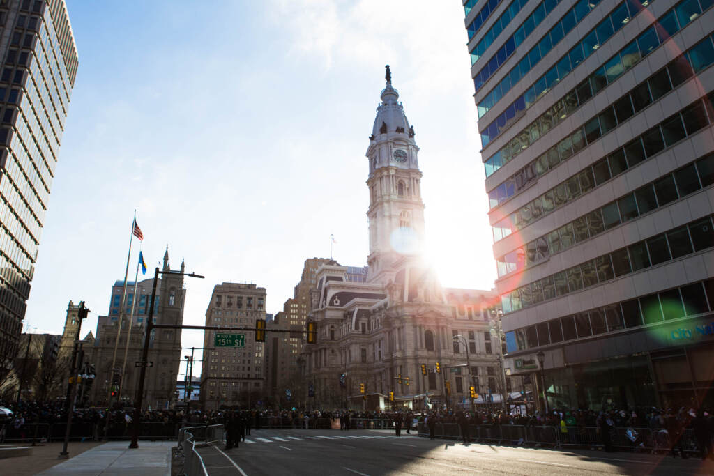02_08_2018_EaglesSuperBowlParade_SydneySchaefer-36 Philadelphia City Hall is seen at sunrise on the day of the Eagles Super Bowl parade