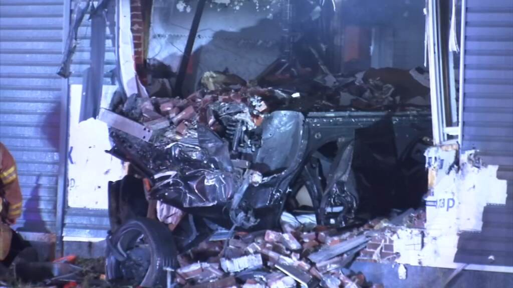 10979752_082721-wpvi-chester-car-crash-houe-fire-630am-video-CC-vid Wreckage after car crashed into house.
