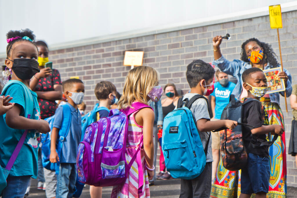 2021 08 31 k paynter first day of school 2021-8 Students wear face masks outside of their school in Philly