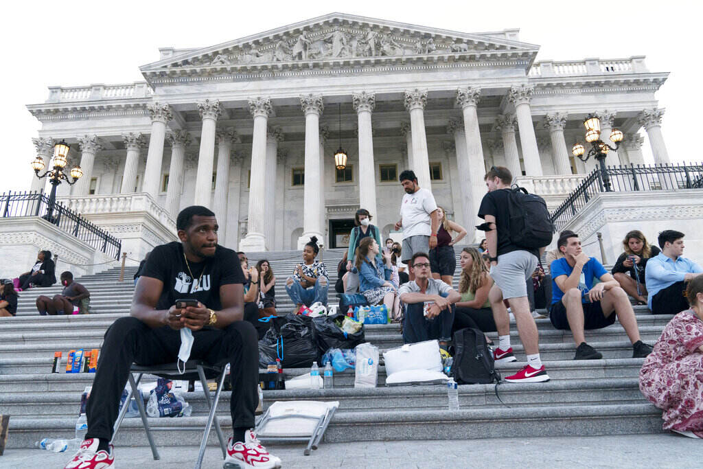 Congress Eviction Moratorium Supporters of Rep. Cori Bush, D-Mo., camp with her outside the U.S. Capitol, in Washington, Monday, Aug. 2, 2021, as anger and frustration has mounted in Congress after a nationwide eviction moratorium expired at midnight Saturday. (AP Photo/Jose Luis Magana)
