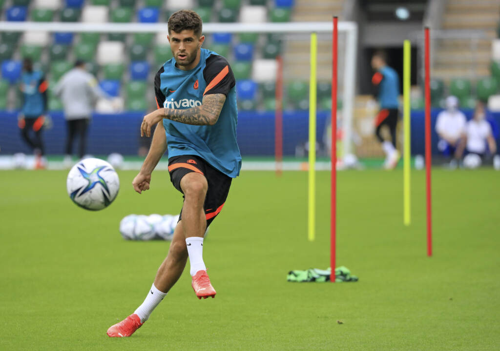 Britain Soccer Super Cup Chelsea's Christian Pulisic kicks the ball during a training session at Windsor Park in Belfast, Northern Ireland, Tuesday, Aug. 10, 2021. Chelsea and Villarreal will meet in the UEFA Super Cup in Belfast