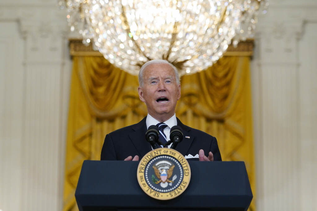 President Joe Biden speaks from the East Room of the White House in Washington, Wednesday, Aug 18, 2021, on the COVID-19 response and vaccination program. U.S. health officials Wednesday announced plans to offer COVID-19 booster shots to all Americans to shore up their protection amid the surging delta variant and signs that the vaccines’ effectiveness is falling. (AP Photo/Susan Walsh)