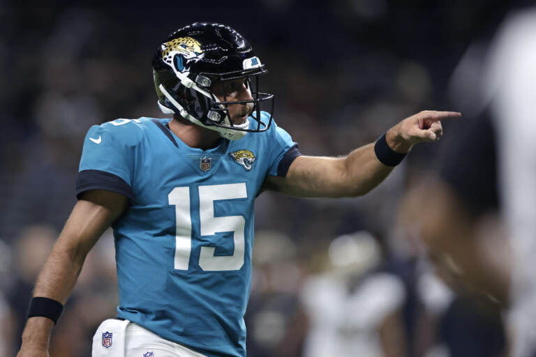 Jacksonville Jaguars quarterback Gardner Minshew reacts in the second half of an NFL preseason football game against the New Orleans Saints in New Orleans, Monday, Aug. 23, 2021