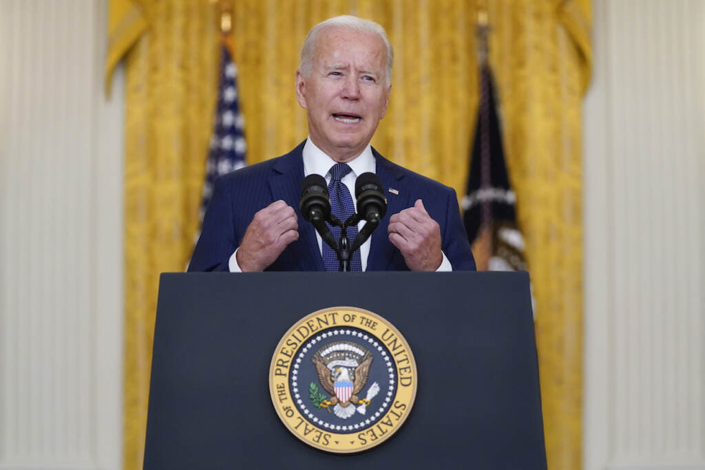Joe Biden President Joe Biden speaks about the bombings at the Kabul airport that killed at least 12 U.S. service members, from the East Room of the White House, Thursday, Aug. 26, 2021, in Washington. (AP Photo/Evan Vucci)