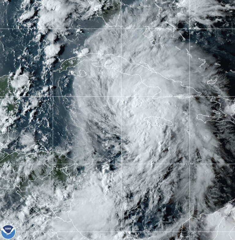 This GOES-16 East GeoColor satellite image taken Thursday, Aug. 26, 2021, at 10:20 p.m. EDT, shows Tropical Storm Ida in the Caribbean Sea