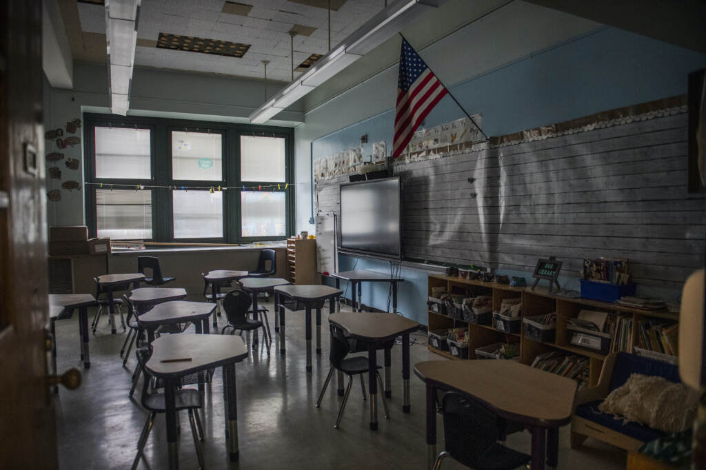 Virus Outbreak New York View of an empty classroom
