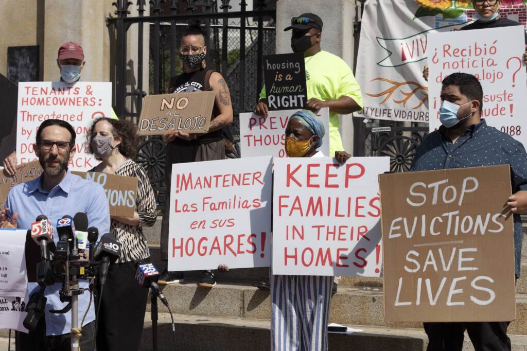 Congress Eviction Moratorium People from a coalition of housing justice groups hold signs protesting evictions during a news conference