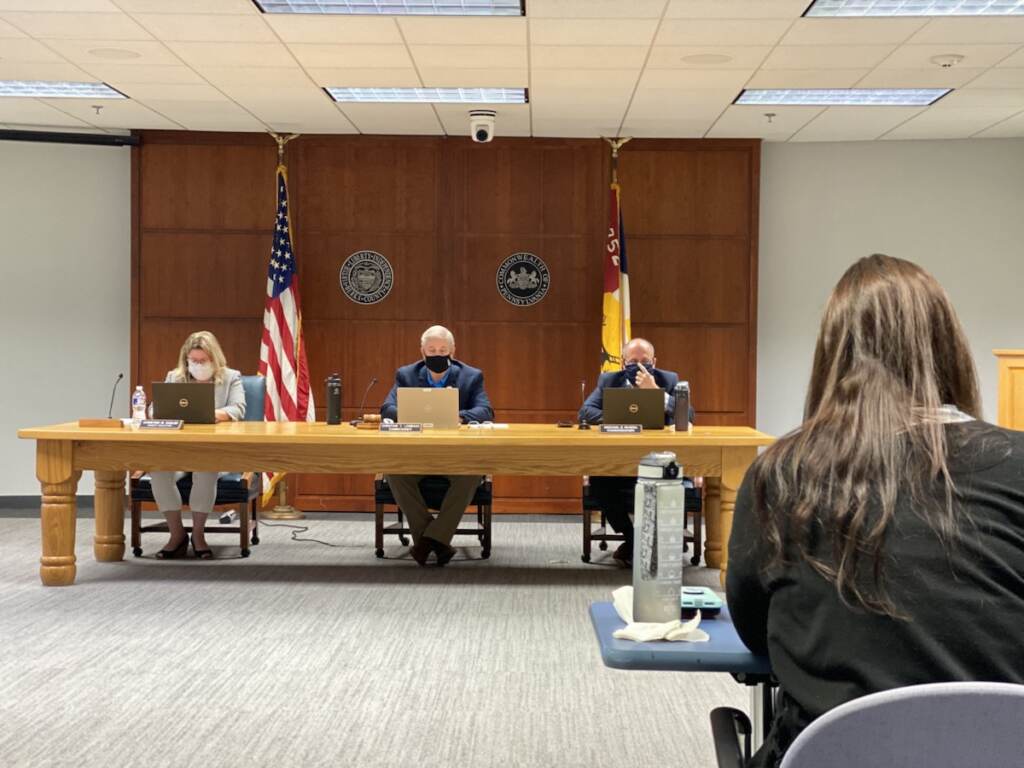 Bridget-Cambria-commissioners-meeting-3 County solicitor Christine Sadler, Commissioner Chair Christian Leinbach and Commissioner Michael Rivera at Thursday's meeting