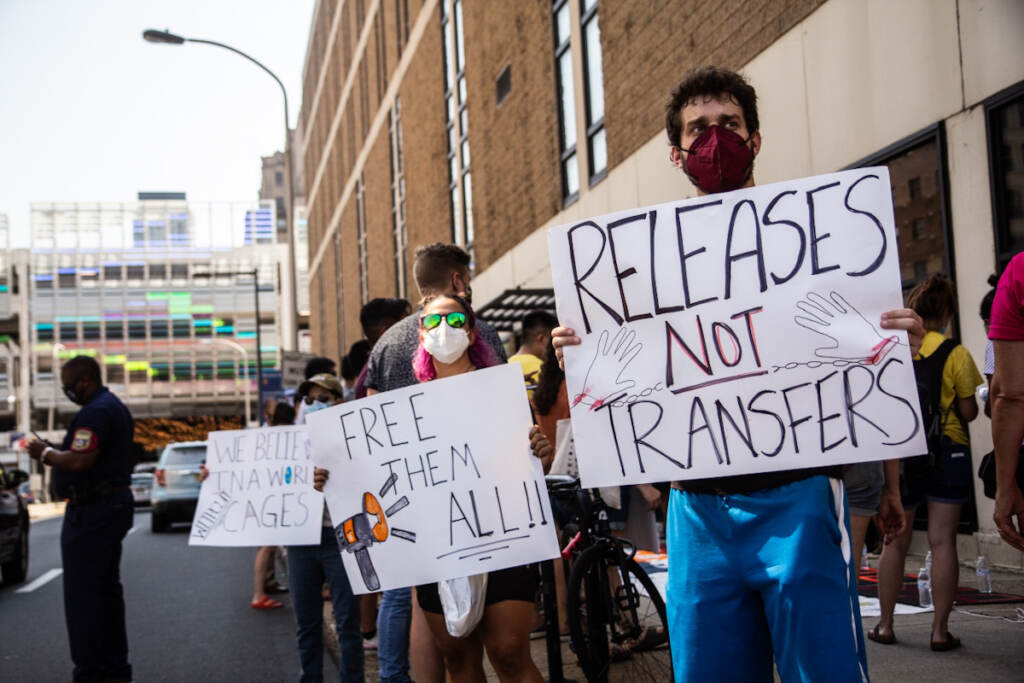 IMG_0836 Members of immigrant advocate organizations rallied outside the ICE detention center in Philadelphia, demanding the release of detainees on August 12, 2021. (Kimberly Paynter/WHYY)