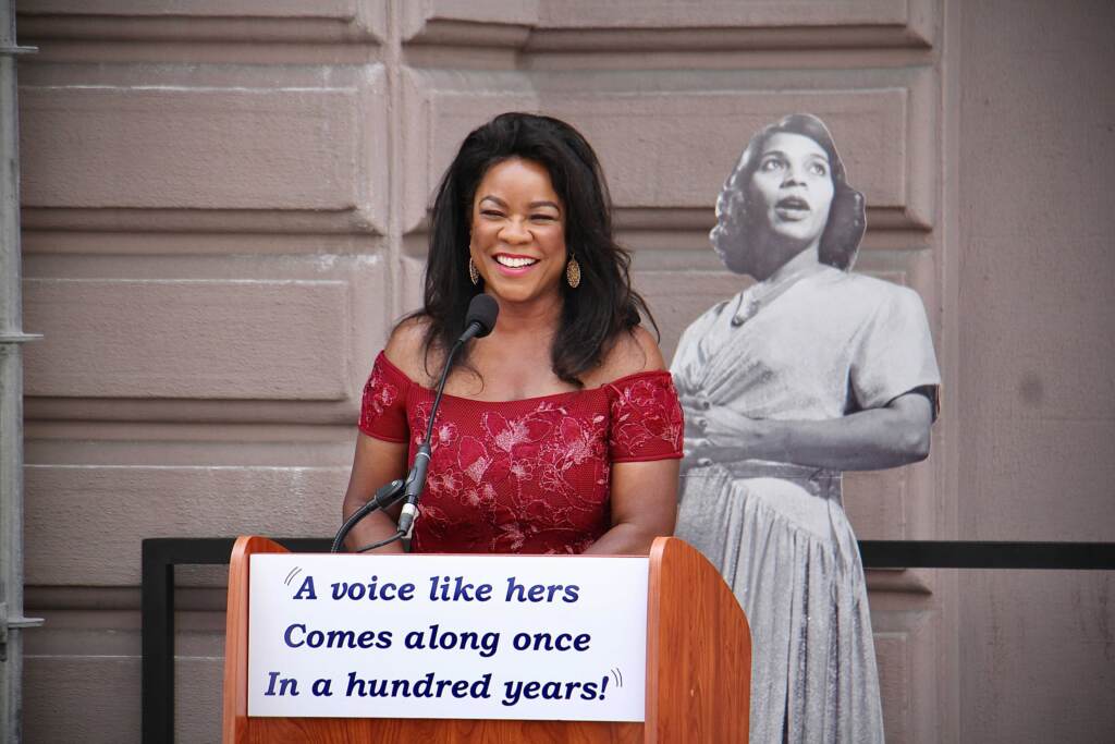 Image from iOS World-renowned mezzo-soprano Denyce Graves speaks at a ceremony to announce that a statue of Marian Anderson will be erected in front of the Academy of Music on South Broad Street. (Emma Lee/WHYY)
